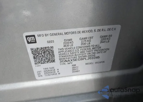 2023 Chevrolet Equinox Awd Ls z USA, uszkodzony, nr VIN 3GNAXSEG9PL203345